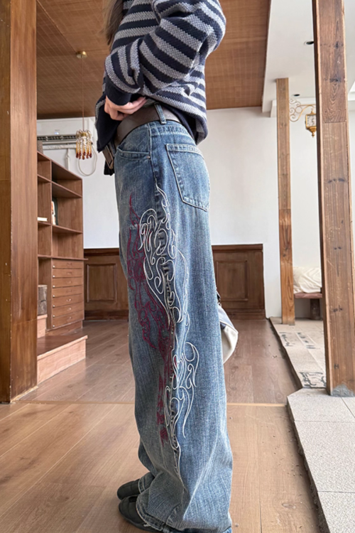 Retro Embroidered Bamboo Denim Pants