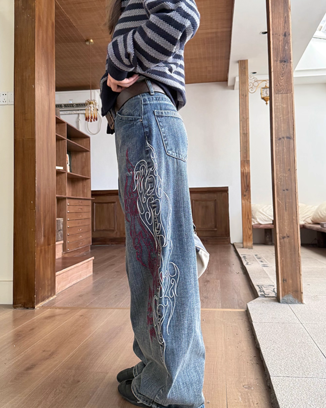 Retro Embroidered Bamboo Denim Pants Retro Embroidered Bamboo Denim Pants