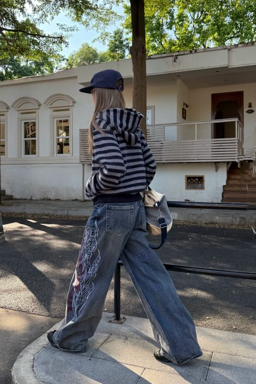 Retro Embroidered Bamboo Denim Pants