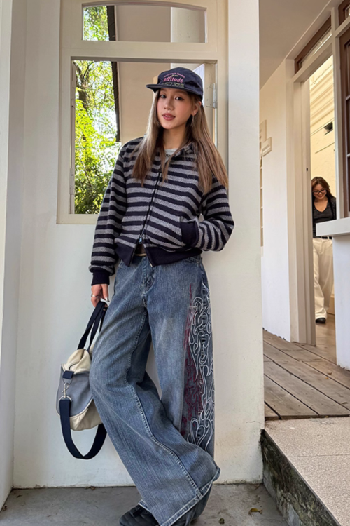 Retro Embroidered Bamboo Denim Pants