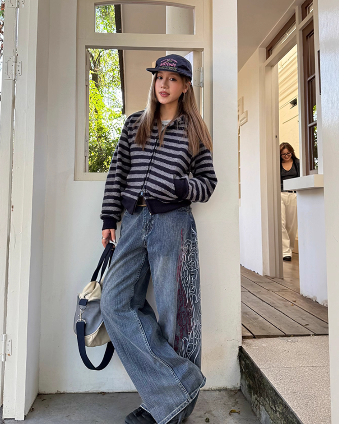 Retro Embroidered Bamboo Denim Pants Retro Embroidered Bamboo Denim Pants