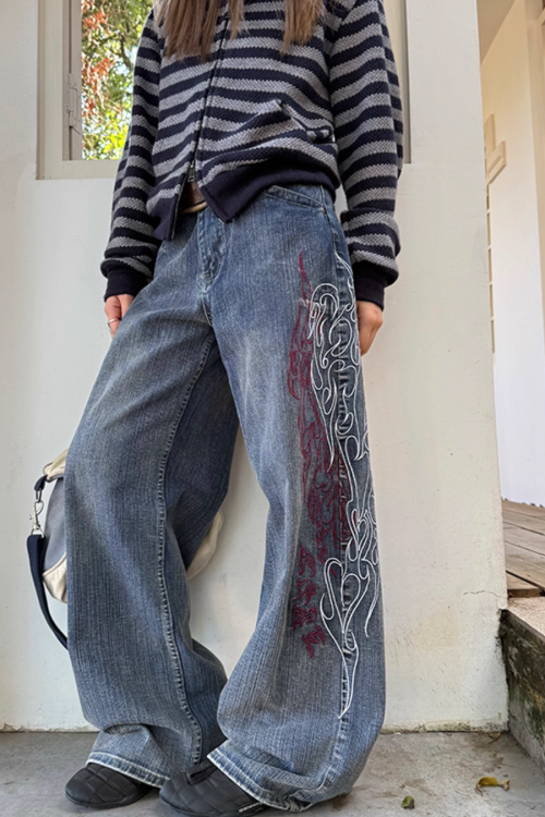 Retro Embroidered Bamboo Denim Pants