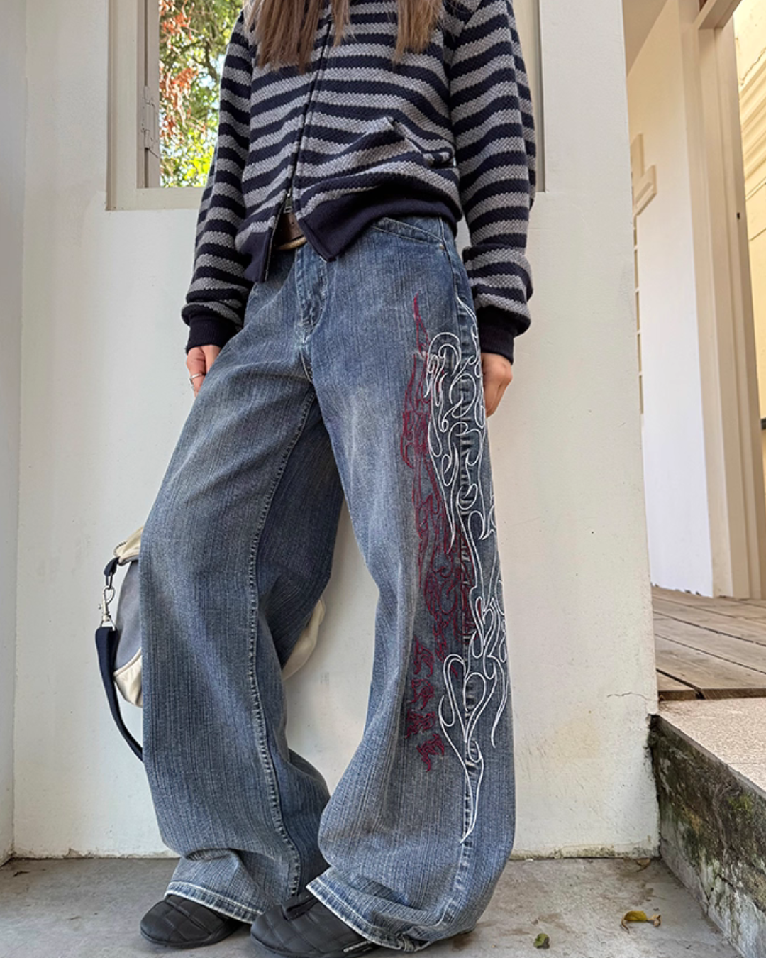 Retro Embroidered Bamboo Denim Pants Retro Embroidered Bamboo Denim Pants