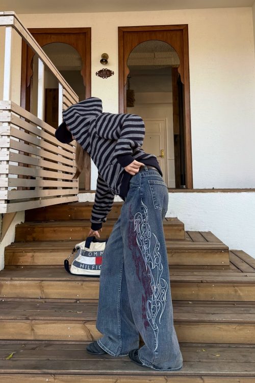 Retro Embroidered Bamboo Denim Pants