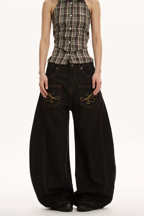 Retro Embroidered Curve Denim Pants