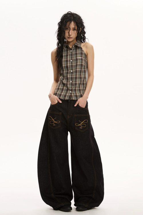 Retro Embroidered Curve Denim Pants