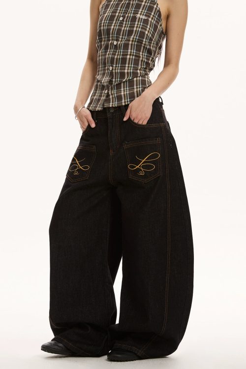 Retro Embroidered Curve Denim Pants