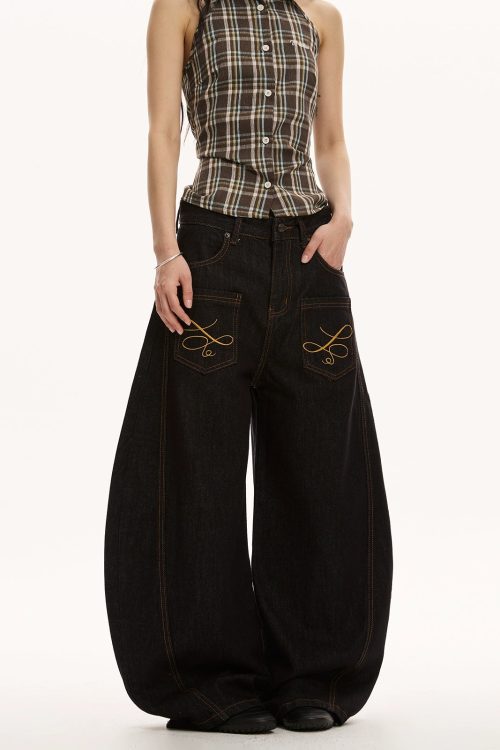 Retro Embroidered Curve Denim Pants