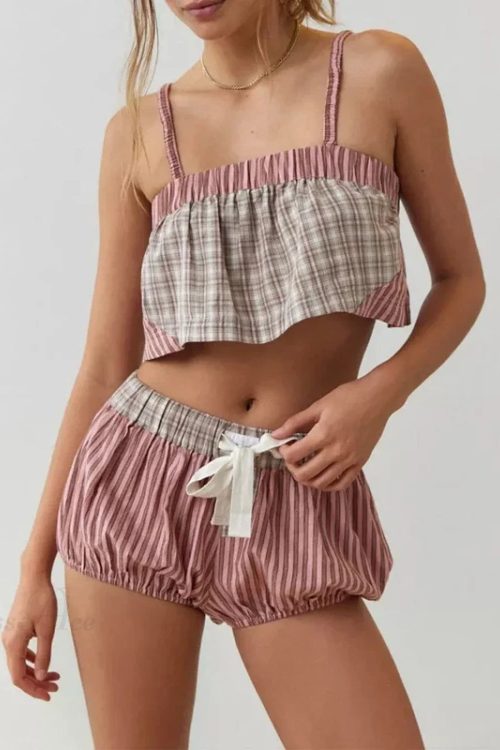 Retro Kawaii Plaid Patchwork Camis Crop Top Shorts Two Pieces Set