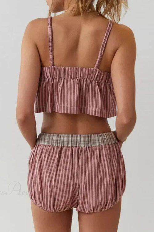 Retro Kawaii Plaid Patchwork Camis Crop Top Shorts Two Pieces Set