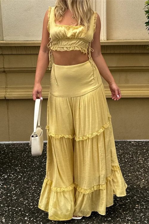 Retro Lace Trim Sleeveless Square Neck Tank Crop Top with Long Skirt Set