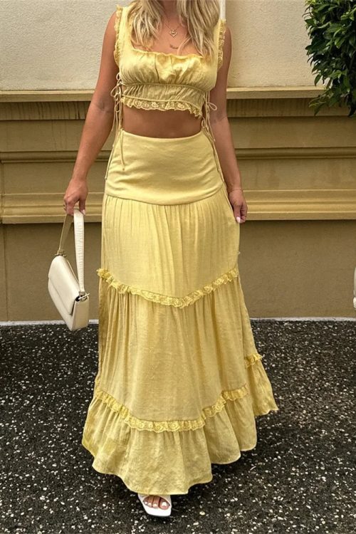 Retro Lace Trim Sleeveless Square Neck Tank Crop Top with Long Skirt Set