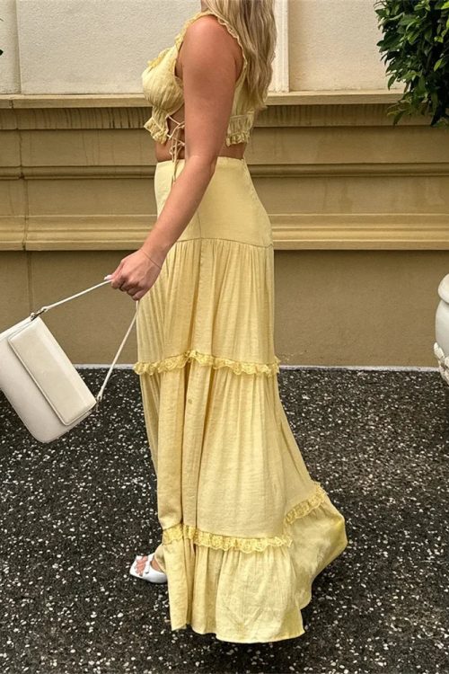 Retro Lace Trim Sleeveless Square Neck Tank Crop Top with Long Skirt Set