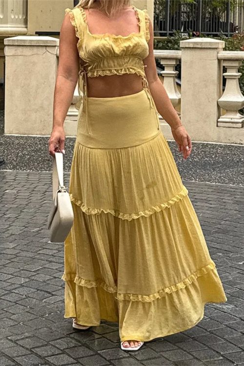 Retro Lace Trim Sleeveless Square Neck Tank Crop Top with Long Skirt Set