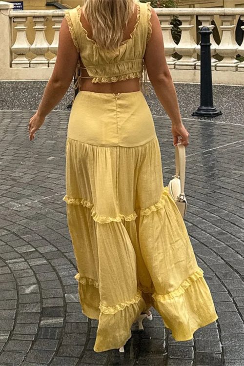 Retro Lace Trim Sleeveless Square Neck Tank Crop Top with Long Skirt Set