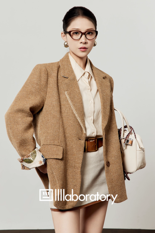 Retro Light Camel Jacket / Apricot Shirt / Mini Skirt