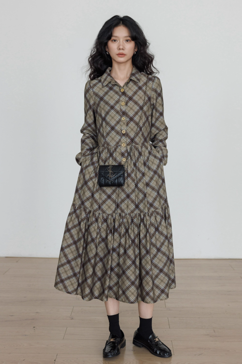 Retro Paid Flare Long Dress