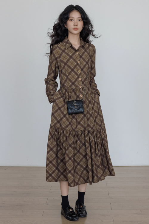 Retro Paid Flare Long Dress