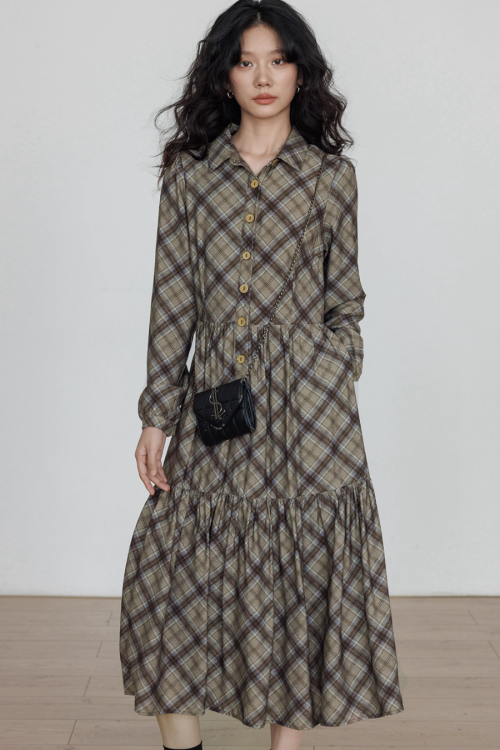 Retro Paid Flare Long Dress