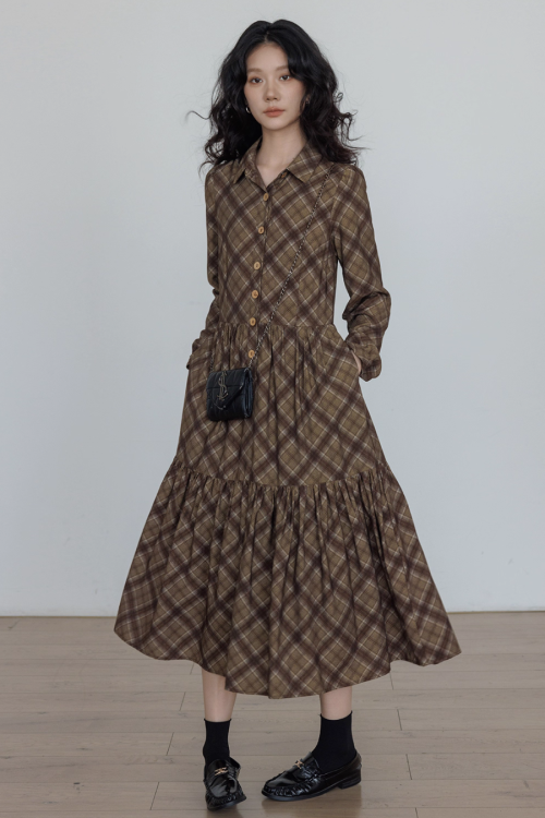 Retro Paid Flare Long Dress