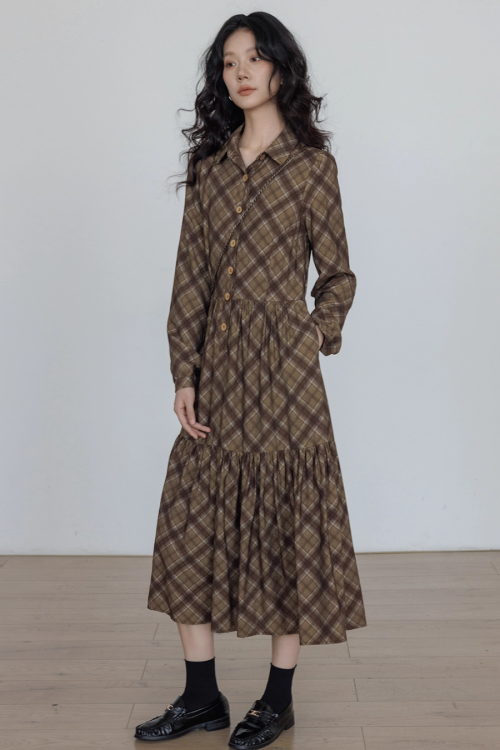 Retro Paid Flare Long Dress