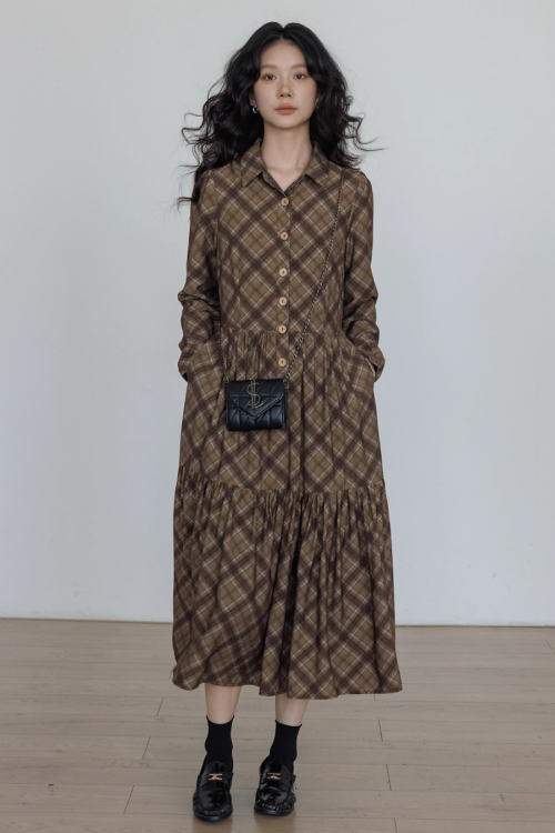 Retro Paid Flare Long Dress