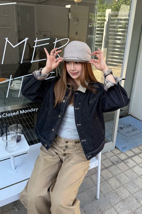 Retro Patched Collar Plaid Denim Jacket