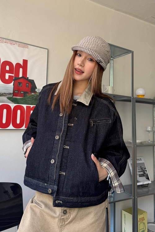 Retro Patched Collar Plaid Denim Jacket