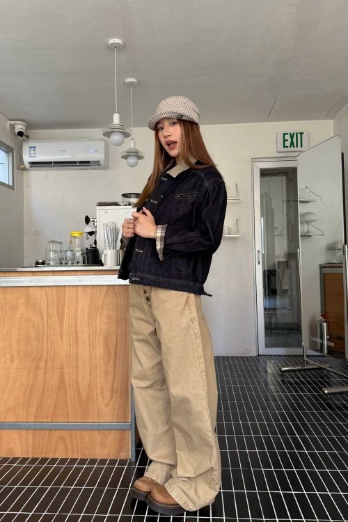 Retro Patched Collar Plaid Denim Jacket