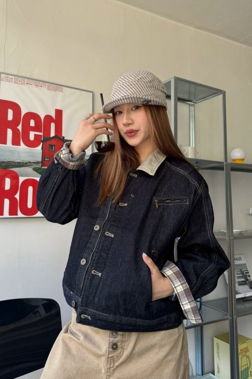 Retro Patched Collar Plaid Denim Jacket