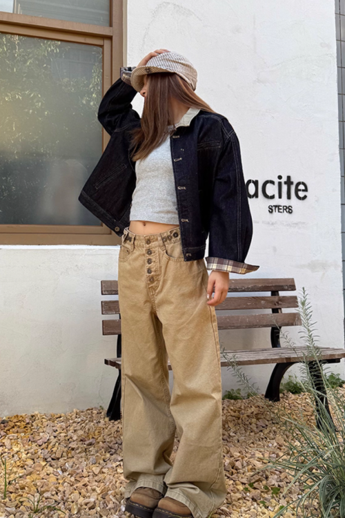 Retro Patched Collar Plaid Denim Jacket