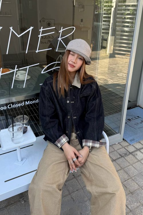 Retro Patched Collar Plaid Denim Jacket