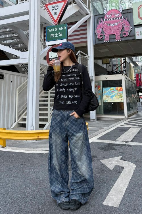 Retro Plaid Curved Knife Jeans