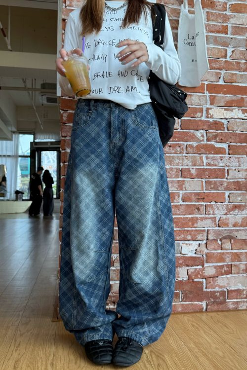 Retro Plaid Curved Knife Jeans