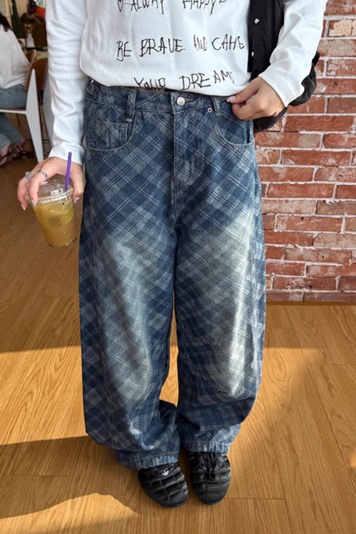 Retro Plaid Curved Knife Jeans