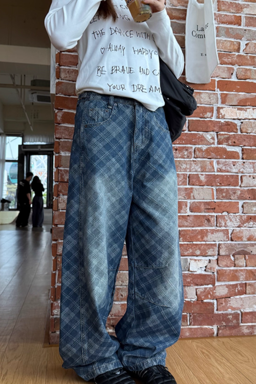 Retro Plaid Curved Knife Jeans