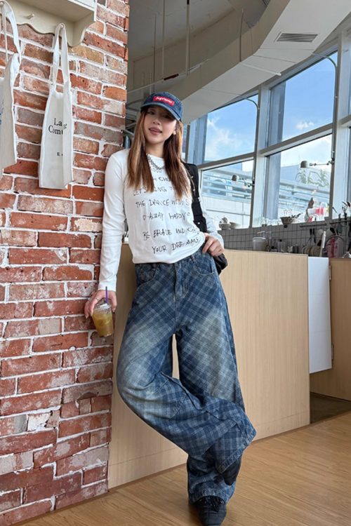Retro Plaid Curved Knife Jeans
