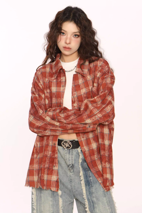 Retro Plaid Distressed Shirt