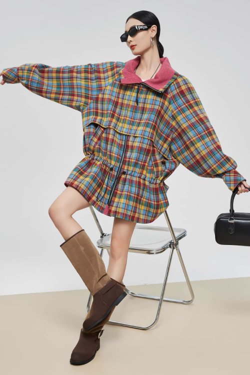 Retro Plaid Trench Coat