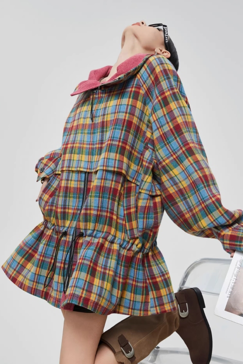 Retro Plaid Trench Coat