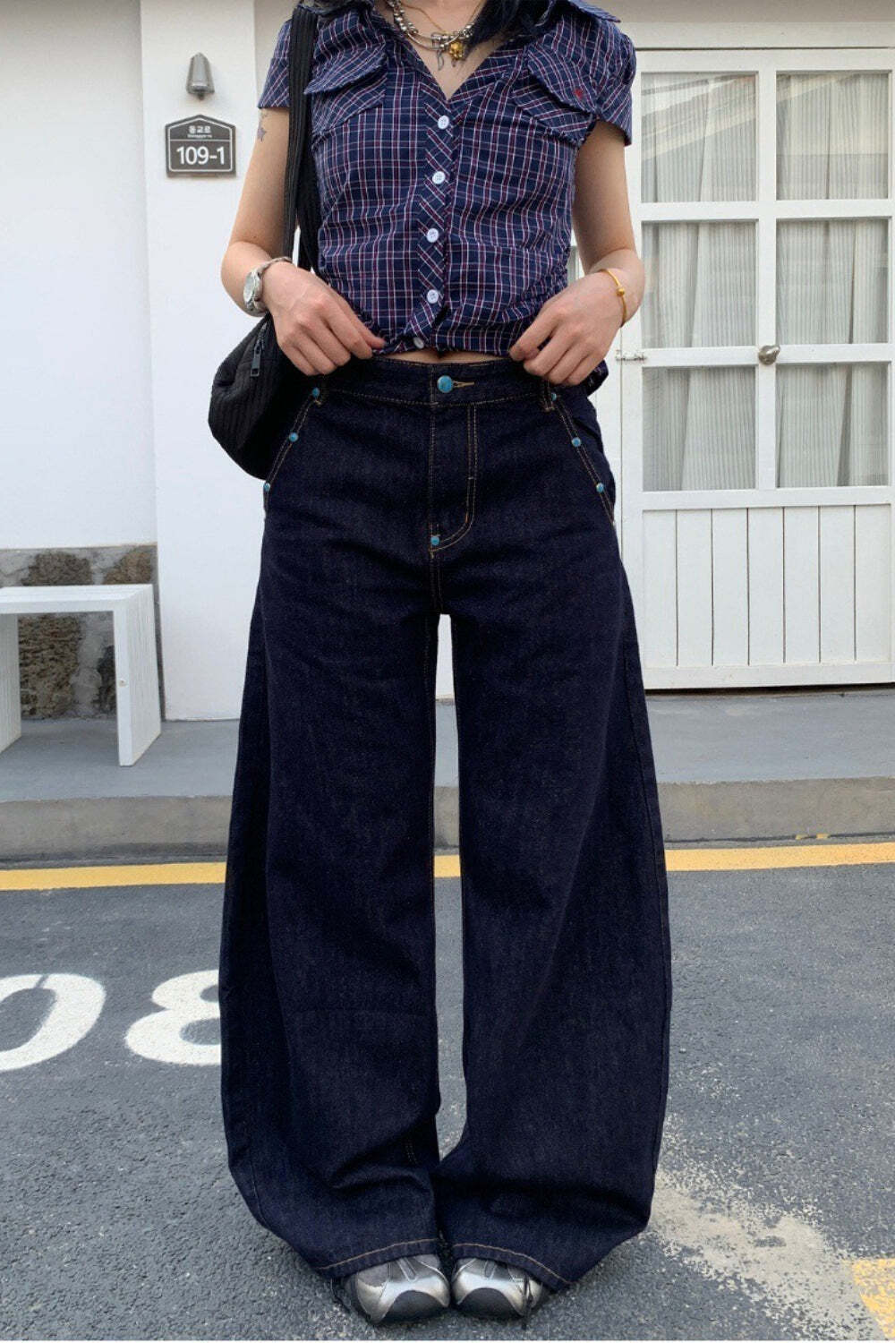 Retro Solid Diamond Accent Wide Leg Jeans Retro Solid Diamond Accent Wide Leg Jeans