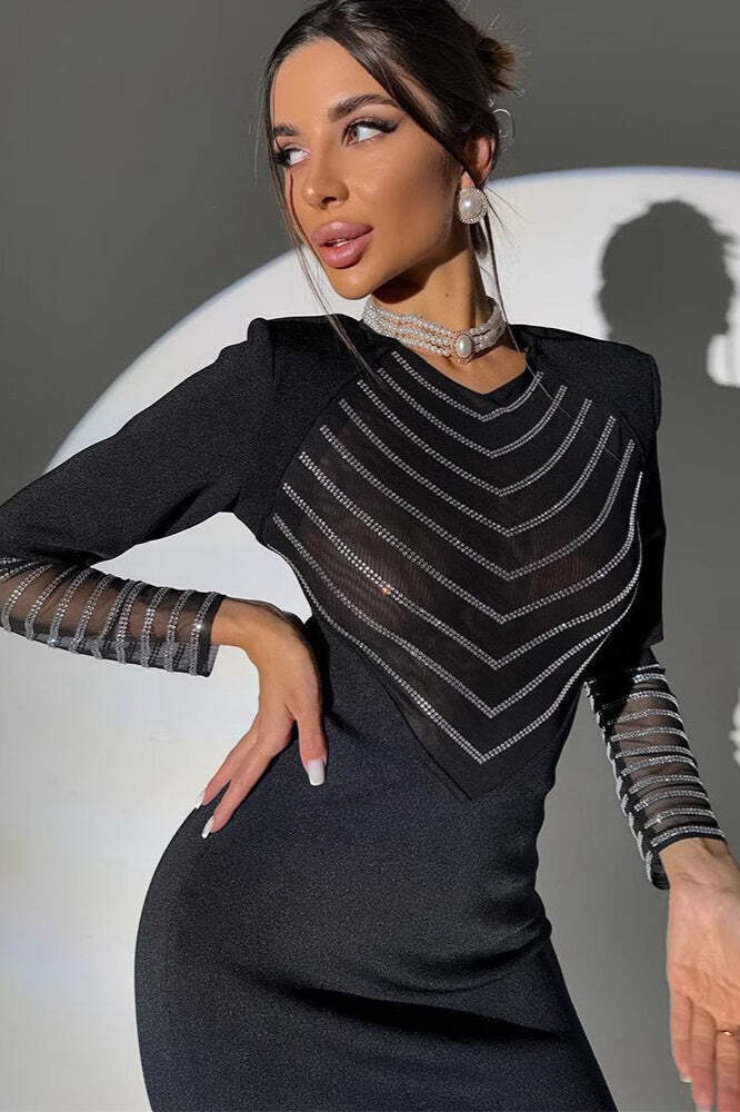 Rhinestone Mesh Bodycon Maxi Dress