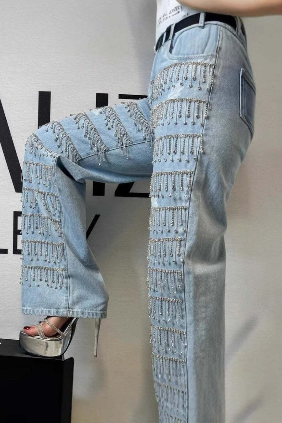 Rhinestone Tassel Straight Leg Jeans Rhinestone Tassel Straight Leg Jeans