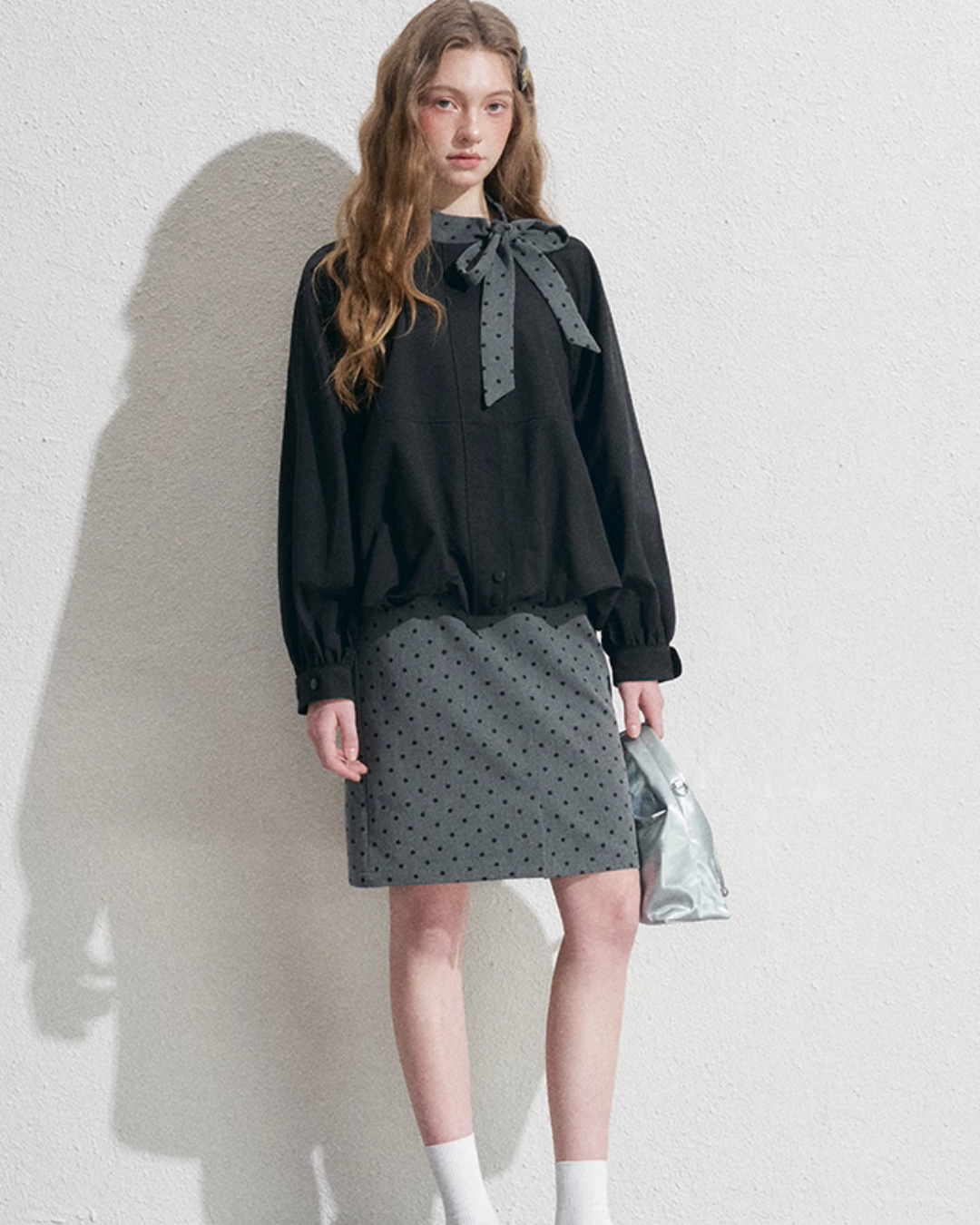 Ribbon Collar Long-Sleeve Blouse / Polka Dot Skirt Ribbon Collar Long-Sleeve Blouse / Polka Dot Skirt