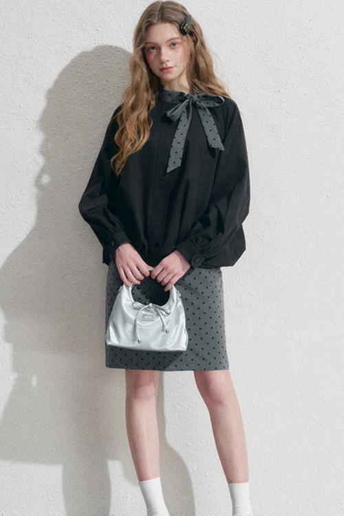 Ribbon Collar Long-Sleeve Blouse / Polka Dot Skirt