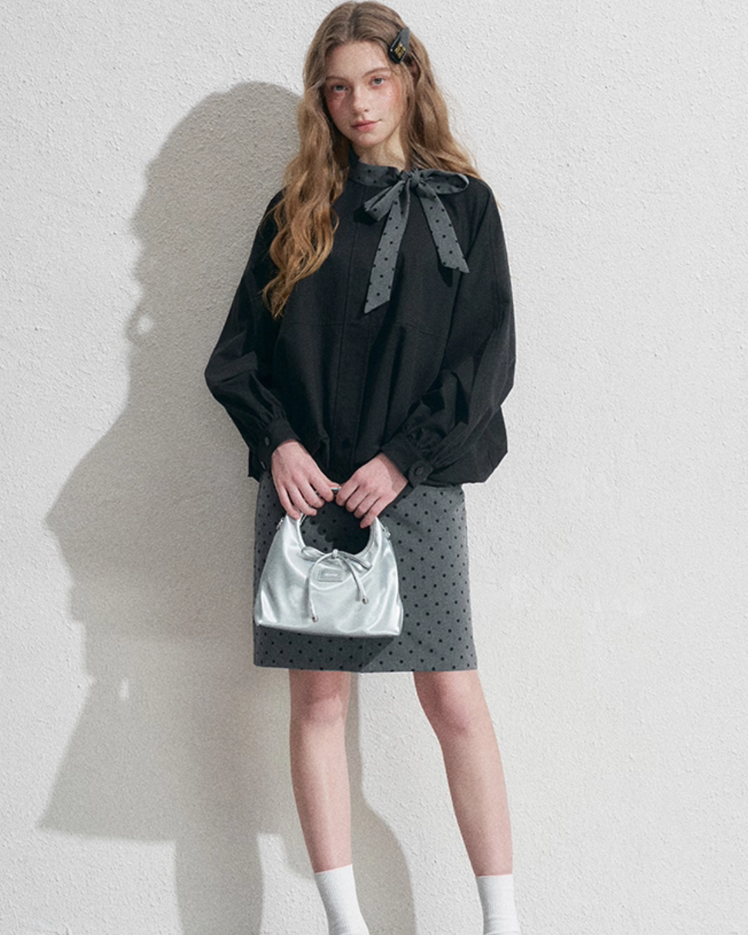 Ribbon Collar Long-Sleeve Blouse / Polka Dot Skirt Ribbon Collar Long-Sleeve Blouse / Polka Dot Skirt