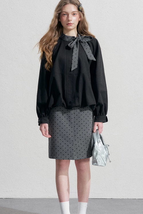 Ribbon Collar Long-Sleeve Blouse / Polka Dot Skirt