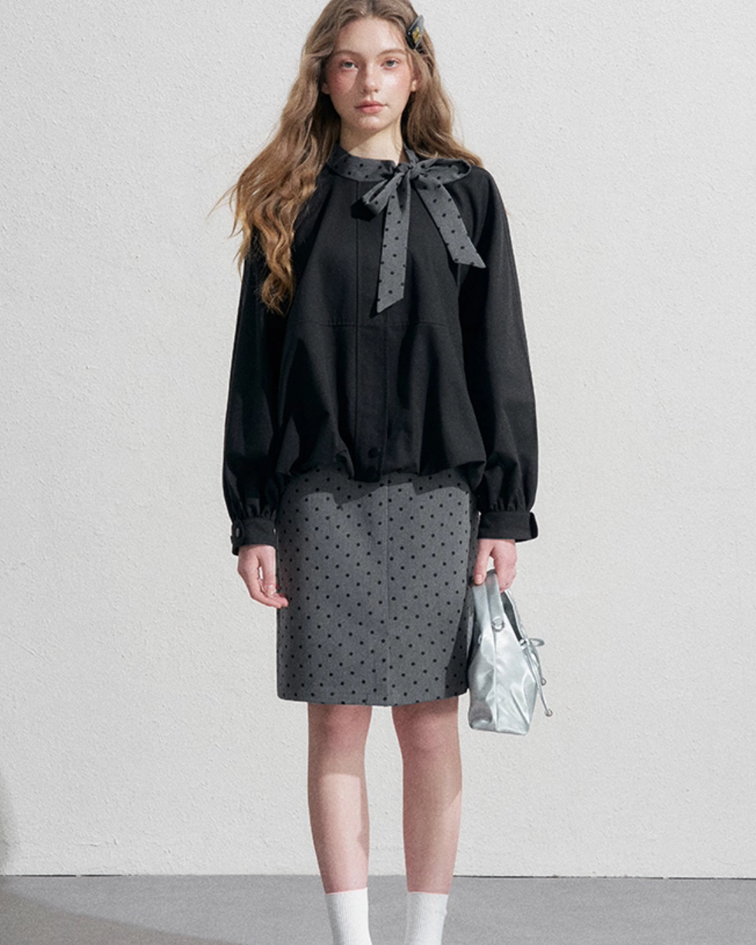 Ribbon Collar Long-Sleeve Blouse / Polka Dot Skirt Ribbon Collar Long-Sleeve Blouse / Polka Dot Skirt