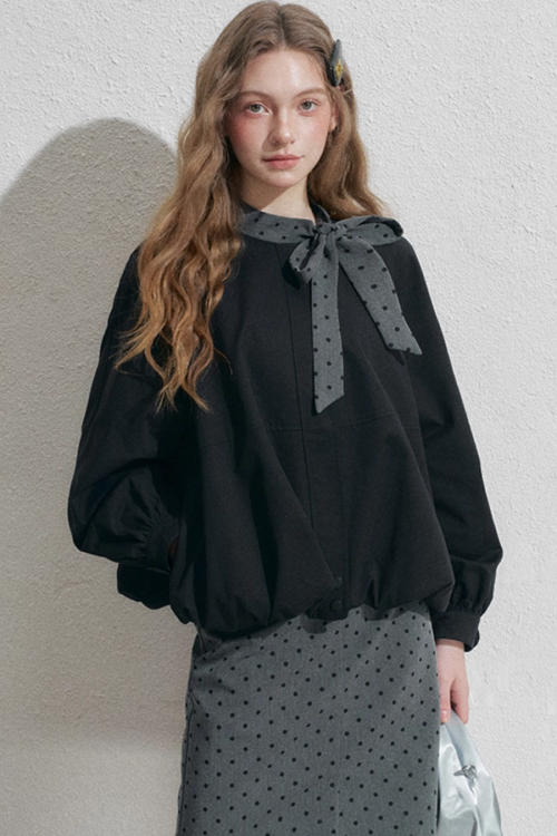 Ribbon Collar Long-Sleeve Blouse / Polka Dot Skirt