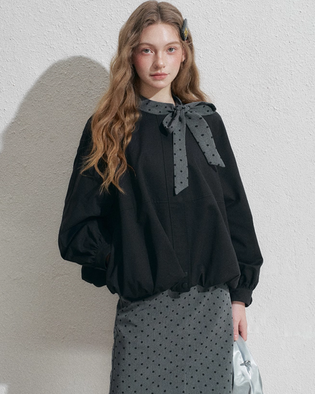 Ribbon Collar Long-Sleeve Blouse / Polka Dot Skirt Ribbon Collar Long-Sleeve Blouse / Polka Dot Skirt